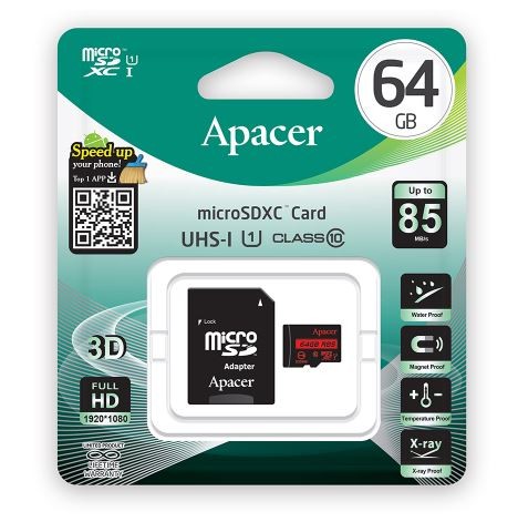 Карта памяти, Apacer, AP64GMCSX10U5-R, MicroSDXC 64GB, с адаптером SD